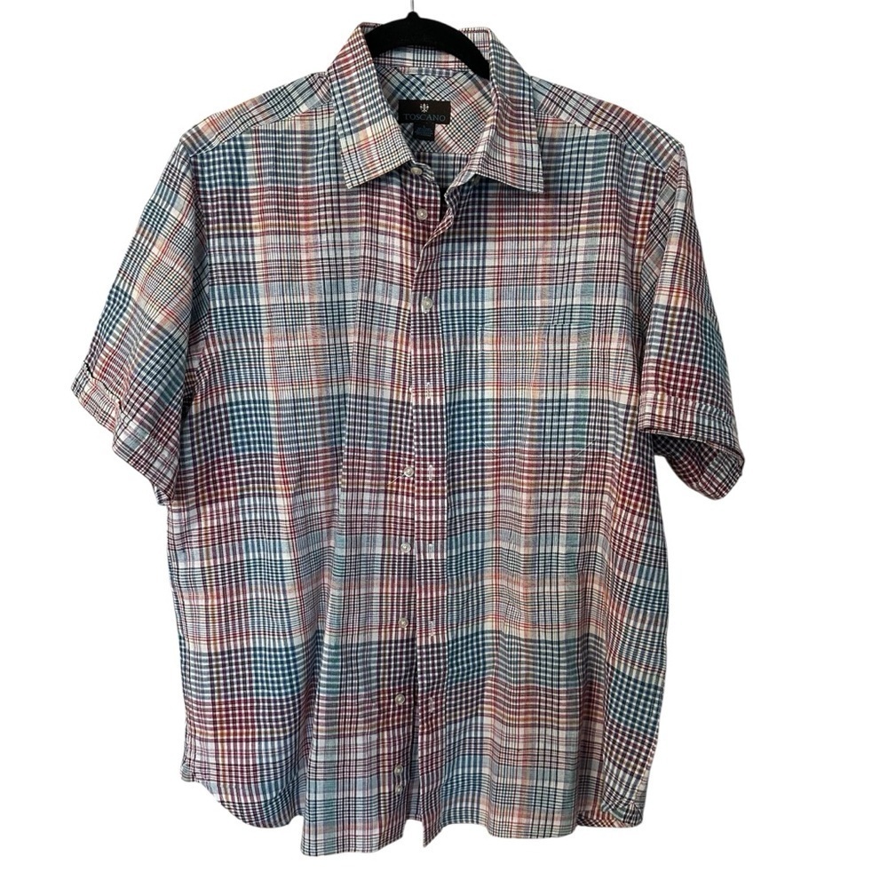 Toscano Men’s Short Sleeve Linen Blend Plaid Casual Button Down Shirt Sz L GUC